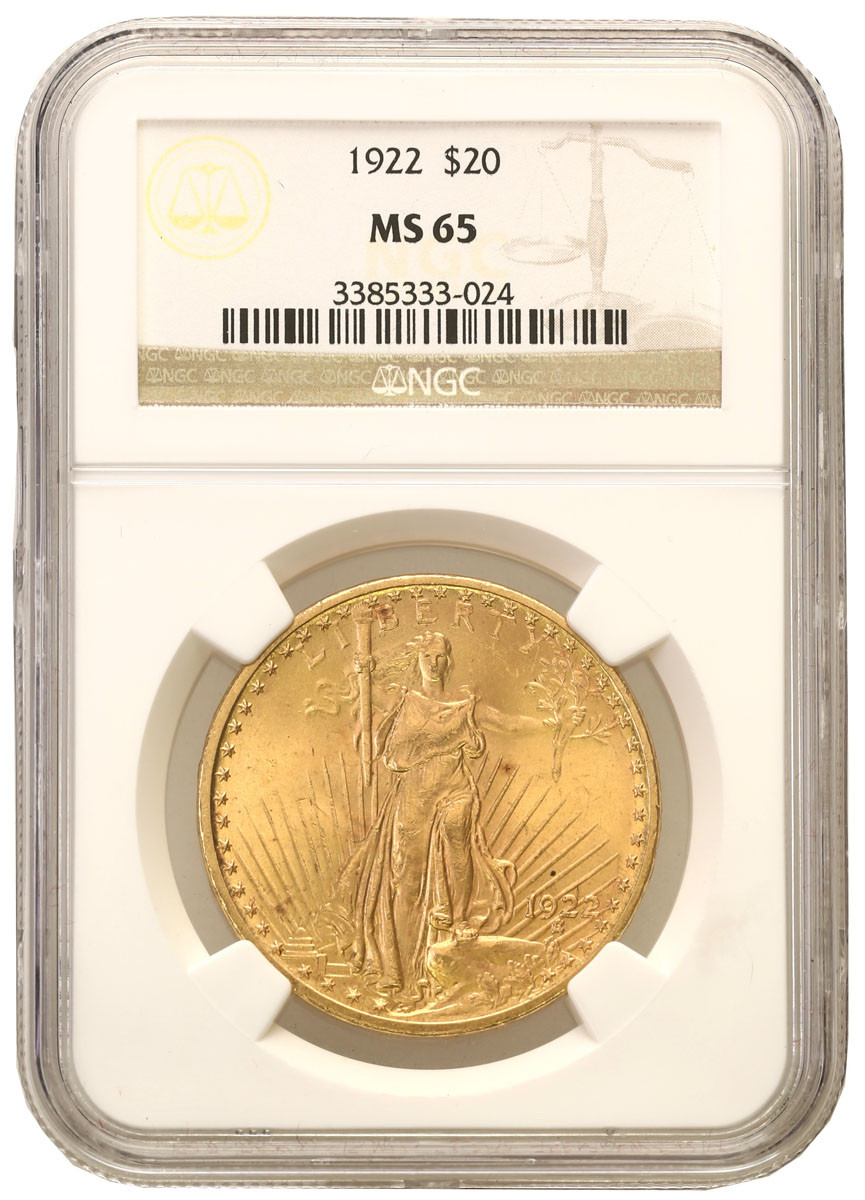 USA. 20 dolarów 1922 Saint Gaudens NGC MS65